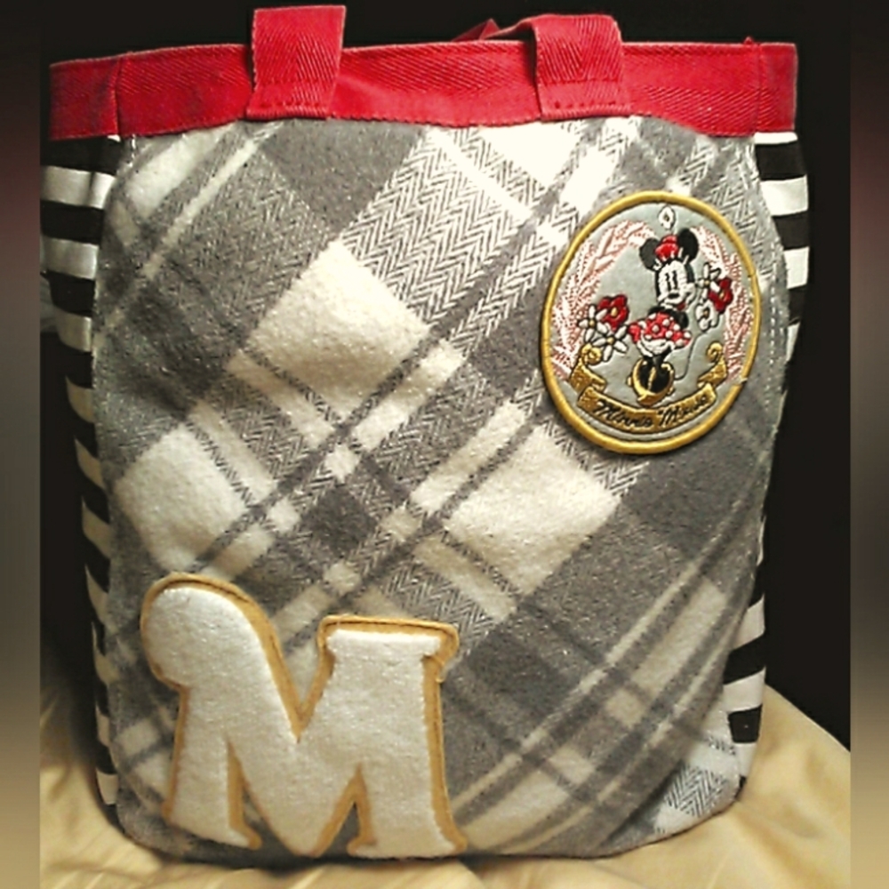 WALT DISNEY WORLD Red & Gray Plaid Tote W/ Disney PATCHES STRIPES ALSO MINNIE MS